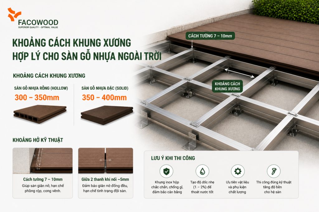 Khoảng cách khung xương sàn gỗ nhựa ngoài trời bao nhiêu là chuẩn?
