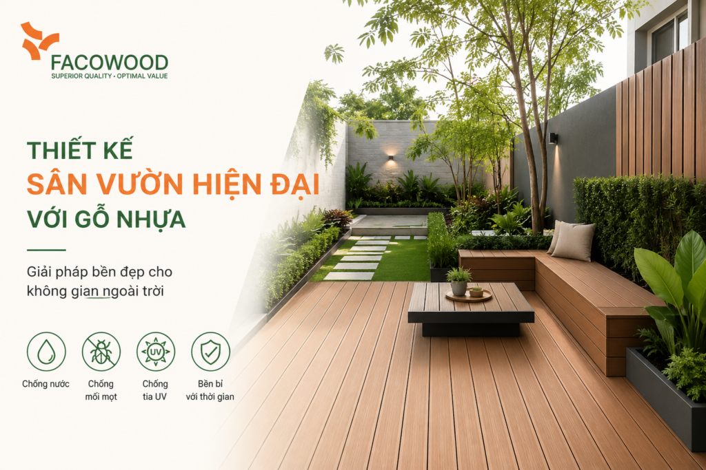 thiết kế sân vườn hiện đại với gỗ nhựa